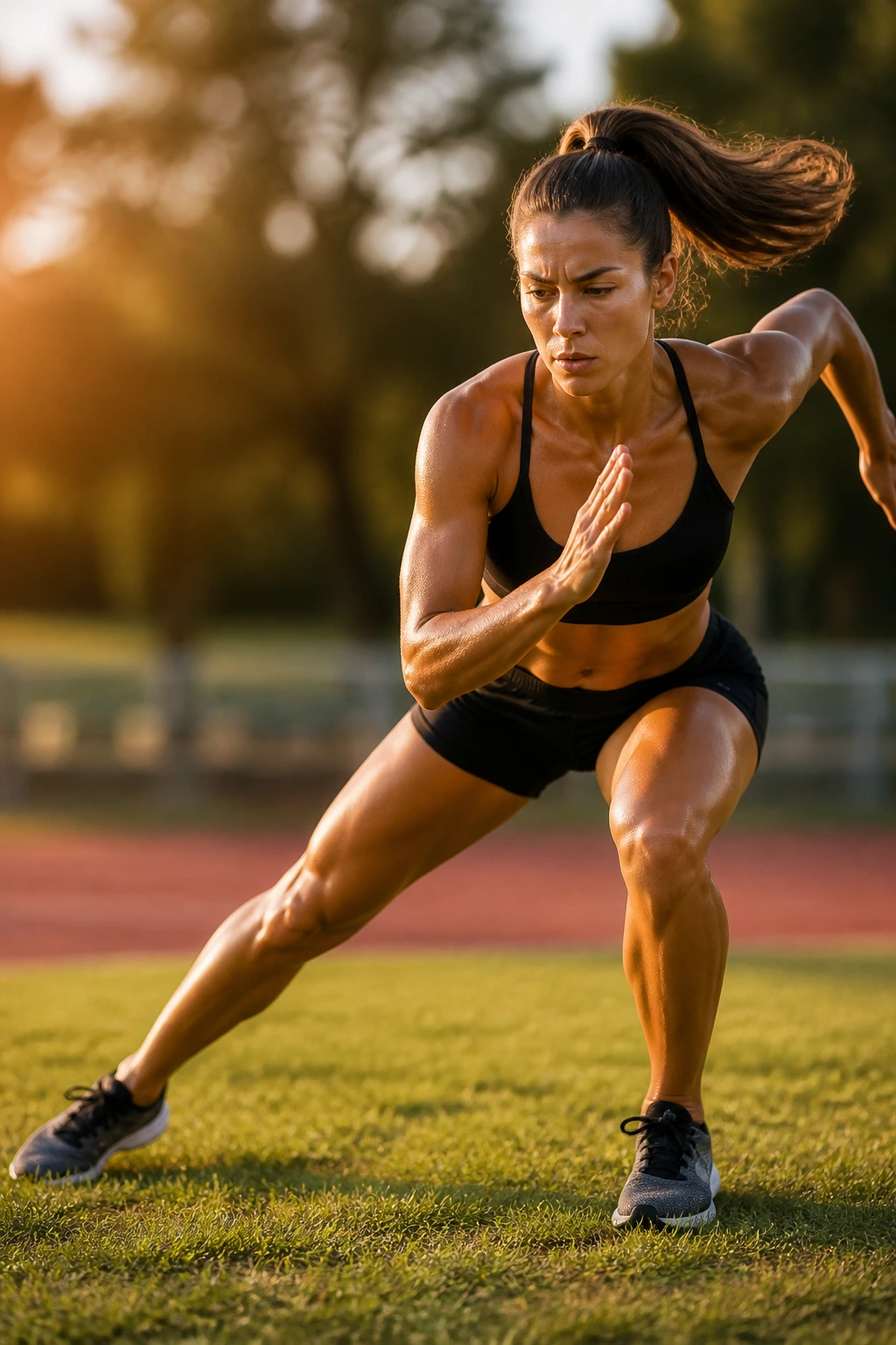 Close-up of a woman performing speed skaters in an outdoor park during golden hour