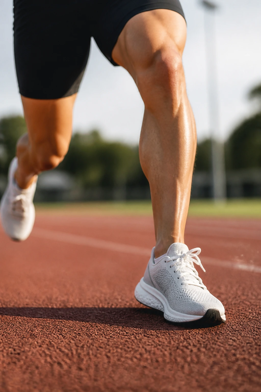 Runner's leg in a quick stride on a track