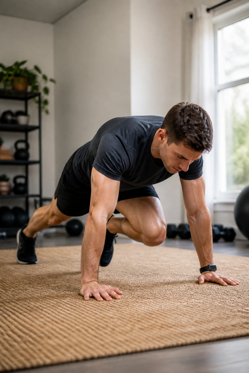 Person performing mountain climbers in a home setting to test speed and endurance