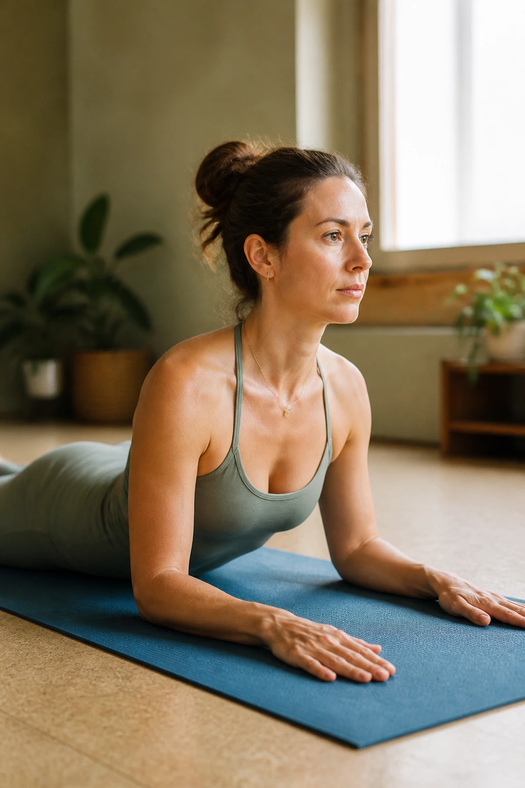 Person in sphinx pose rocking gently on forearms