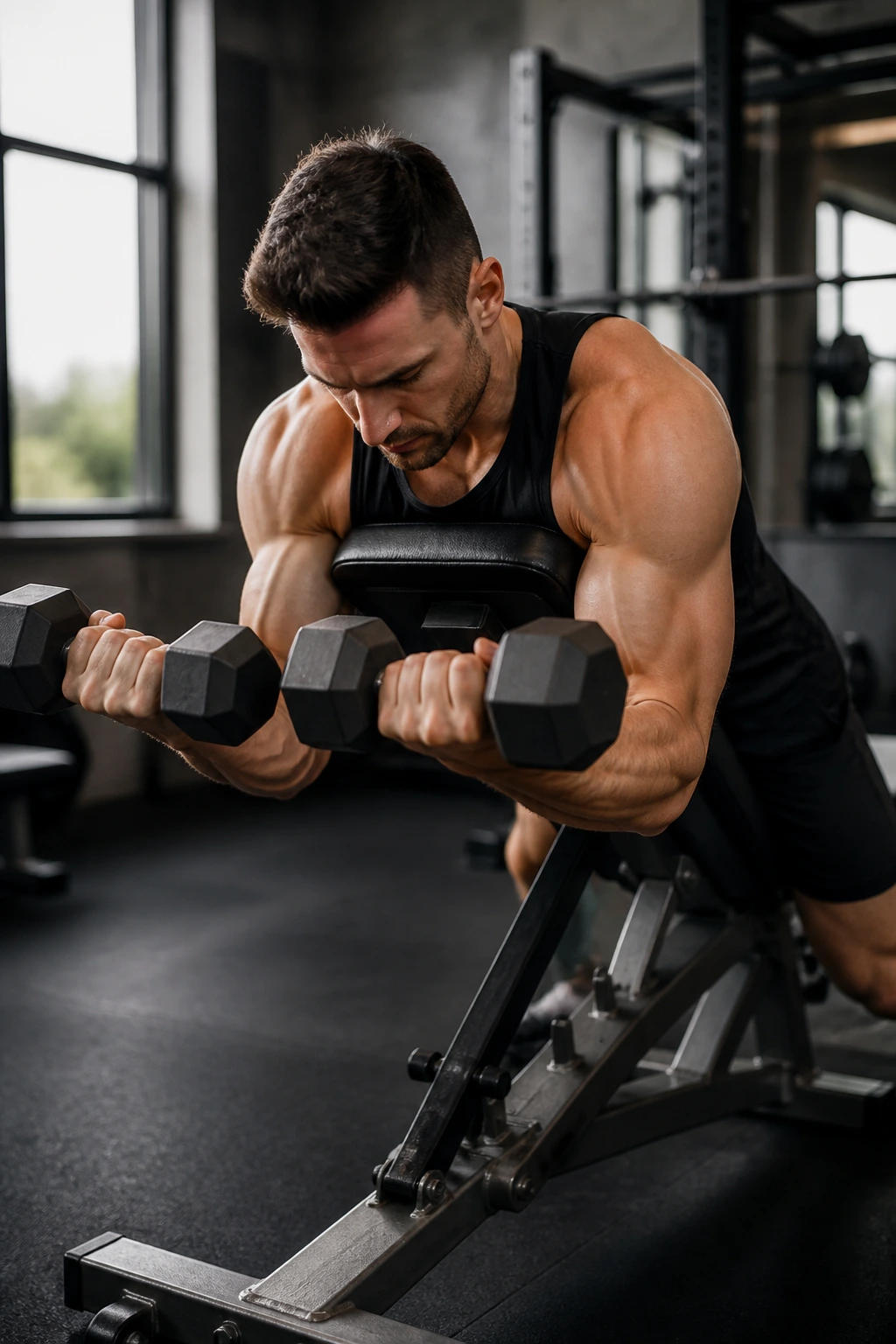 Lifters performing spider curl on incline bench with chest supported.