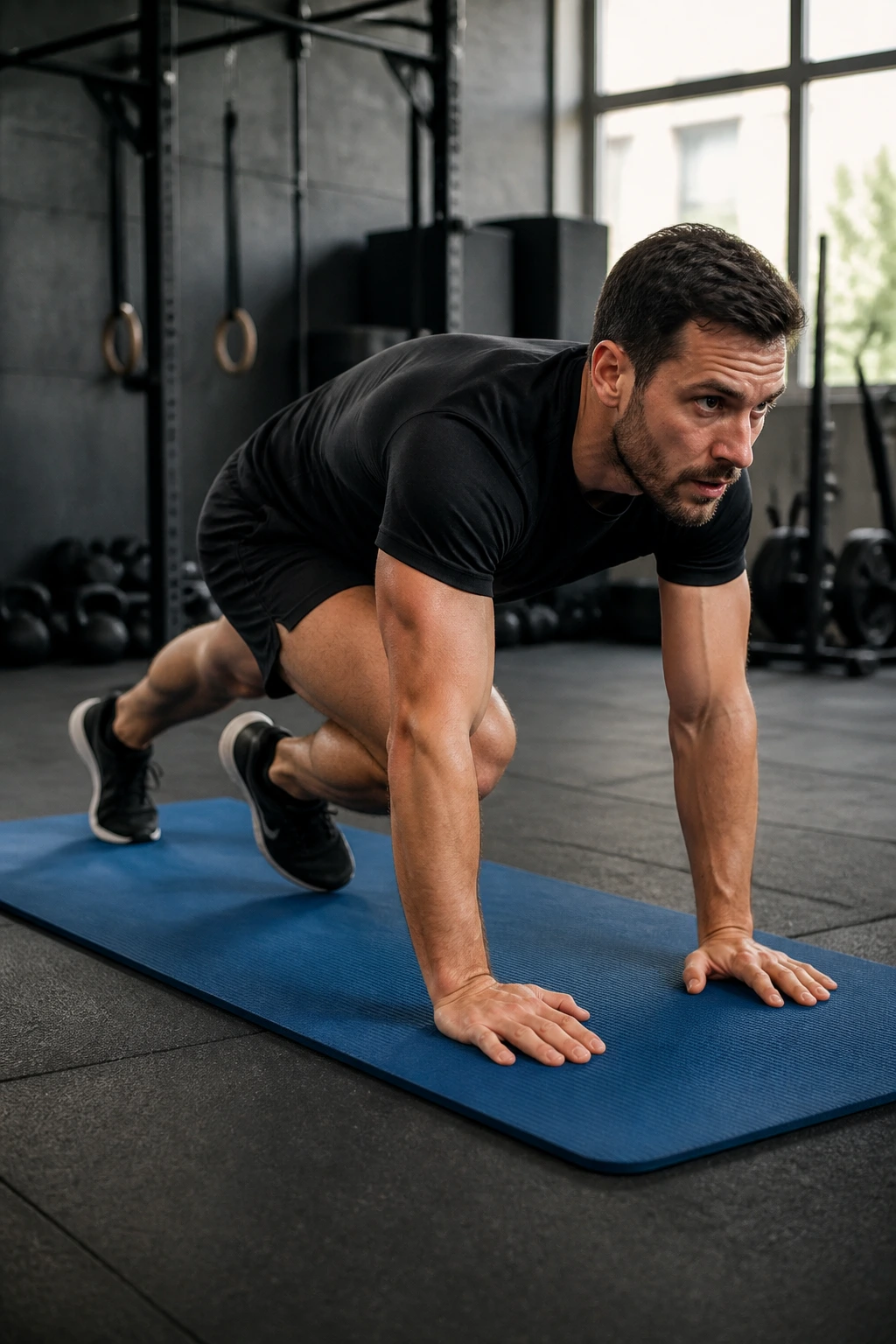 Close-up of a person performing Spiderman mountain climbers on a gym mat