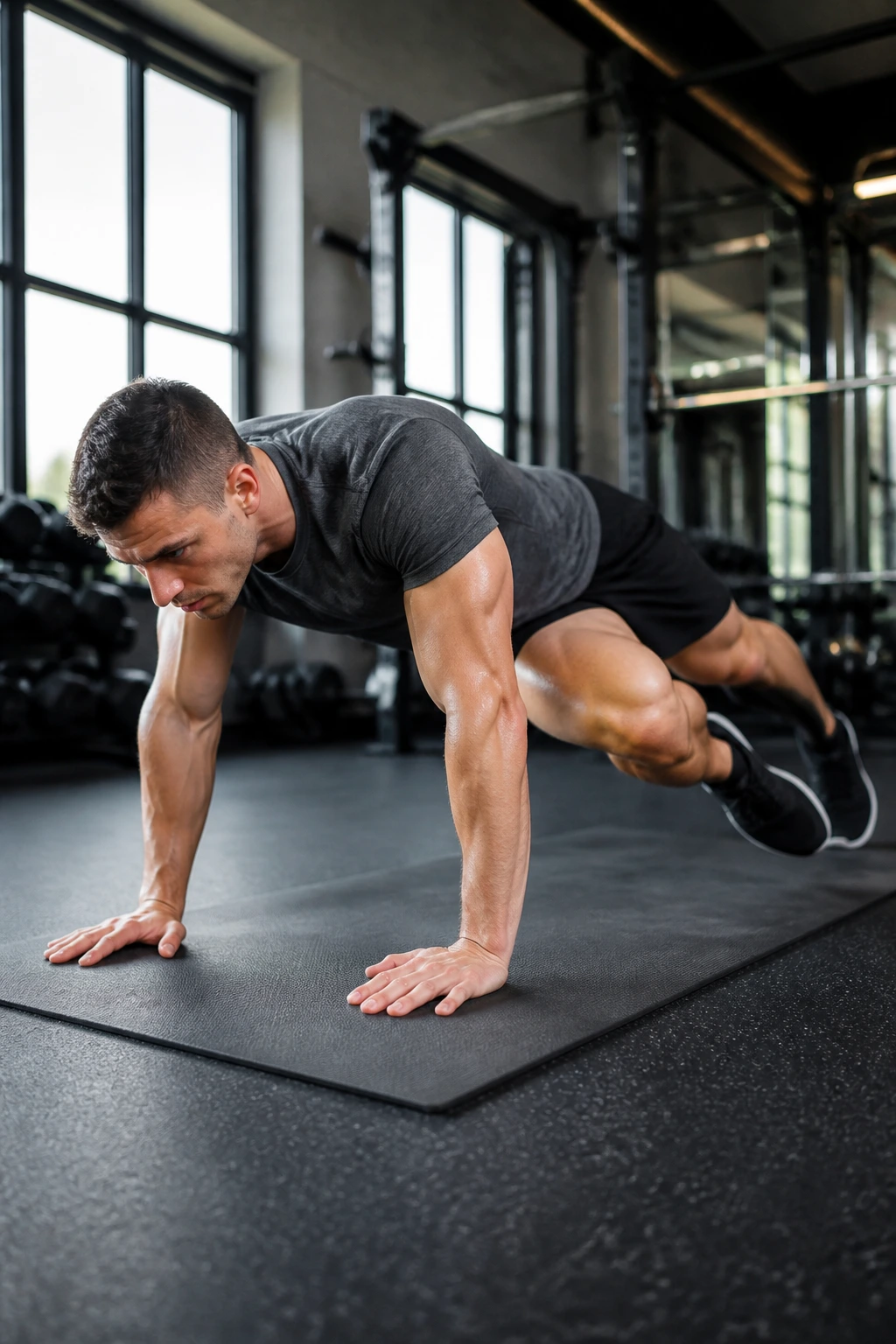 Person in Spiderman plank bringing knee toward elbow on mat