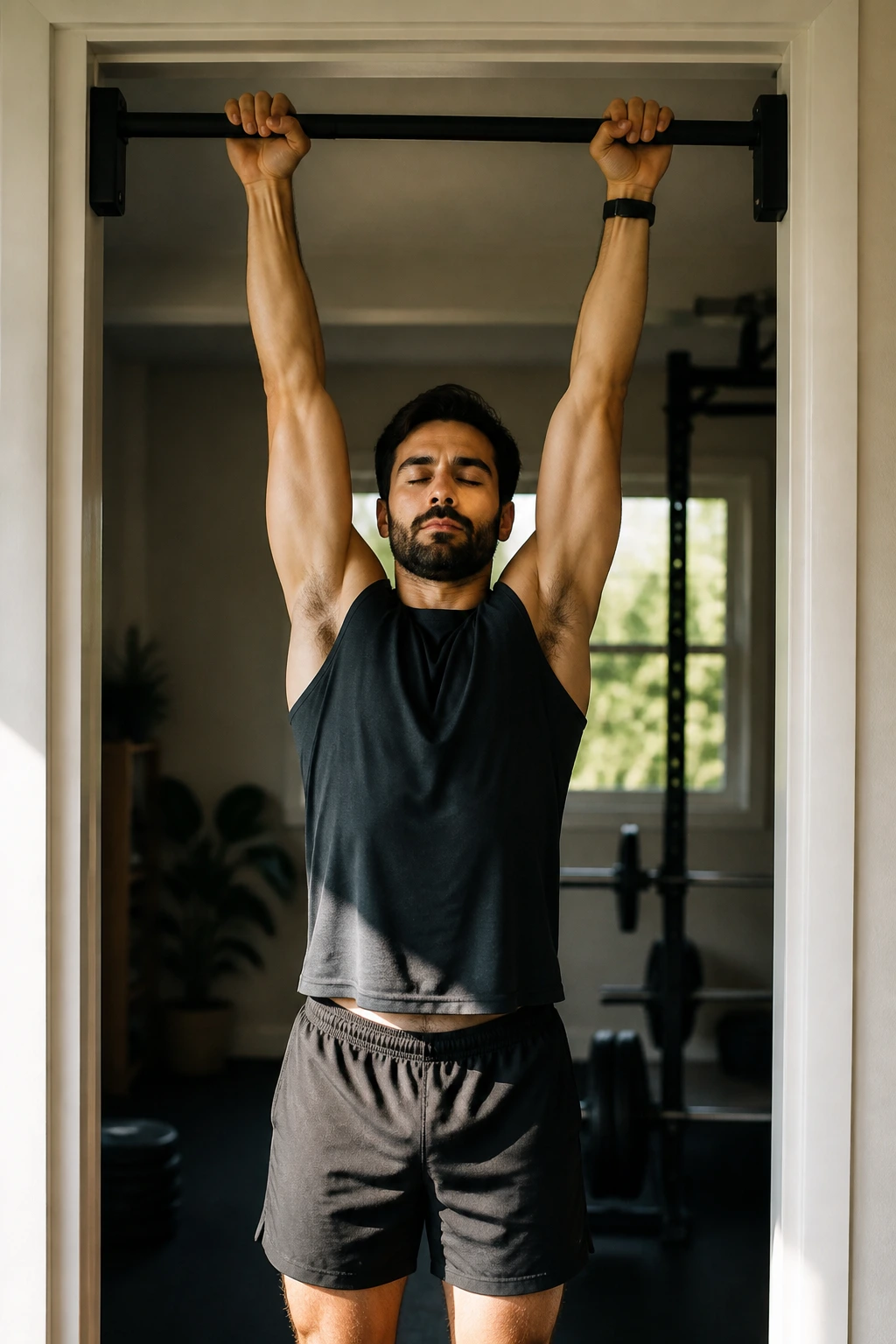 Mid-shot of person hanging from pull-up bar to decompress the spine