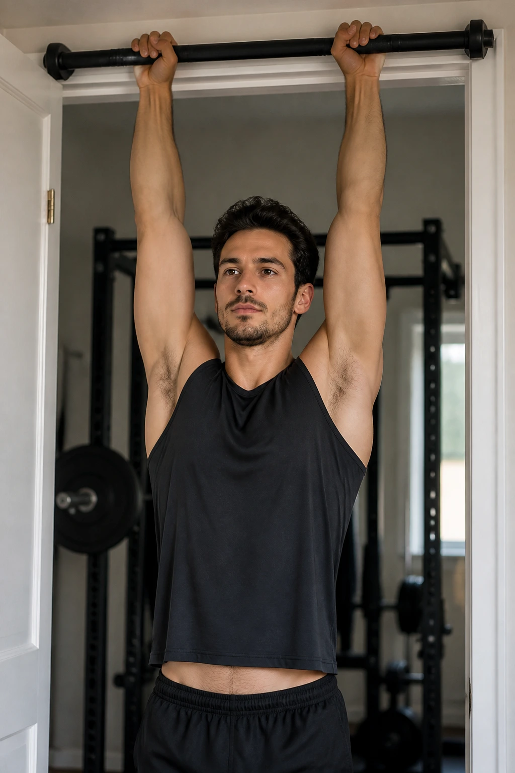 Person hanging from a pull-up bar for spine decompression