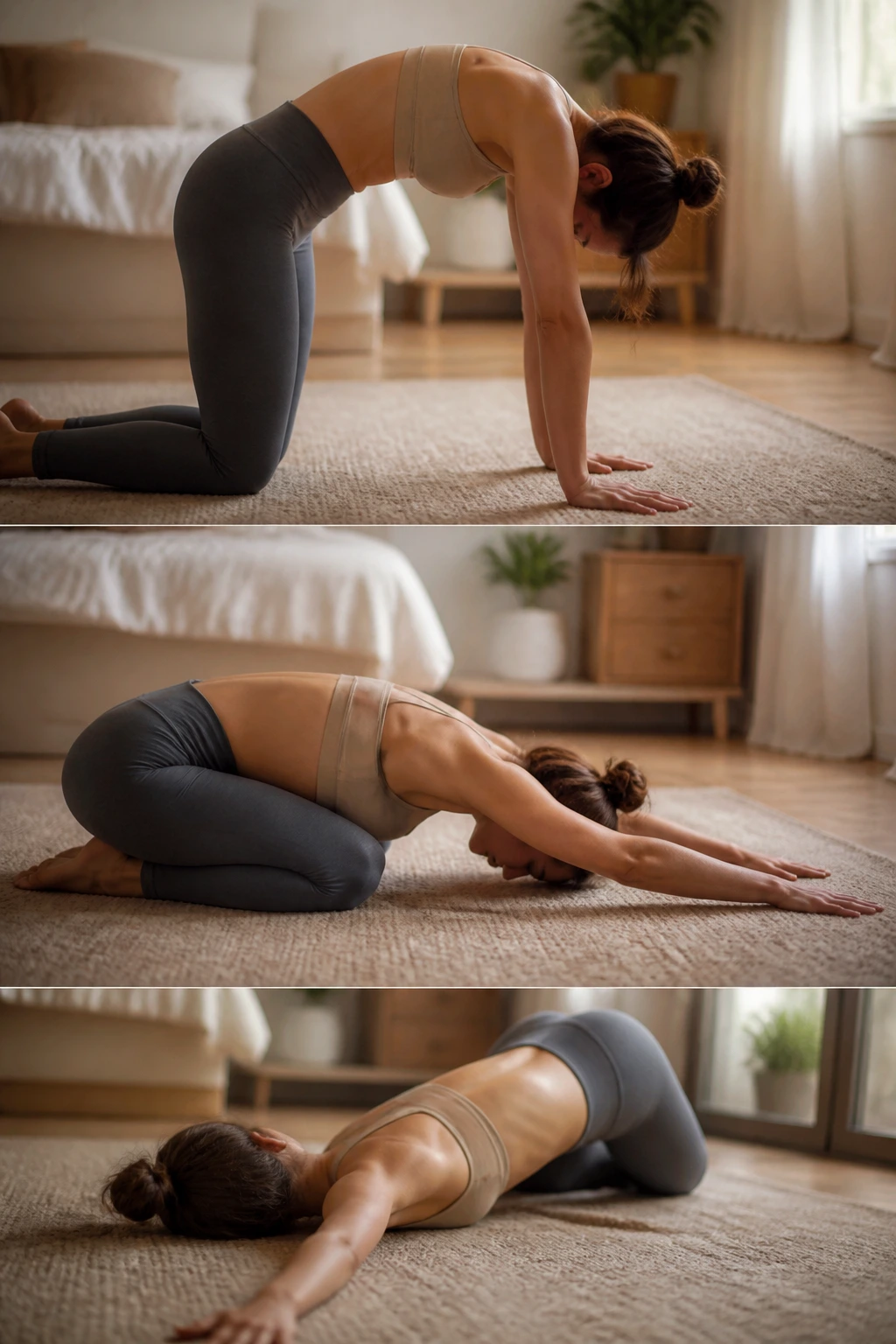 Morning light shows a person doing cat-cow sequence on a rug, focusing on spine mobility.