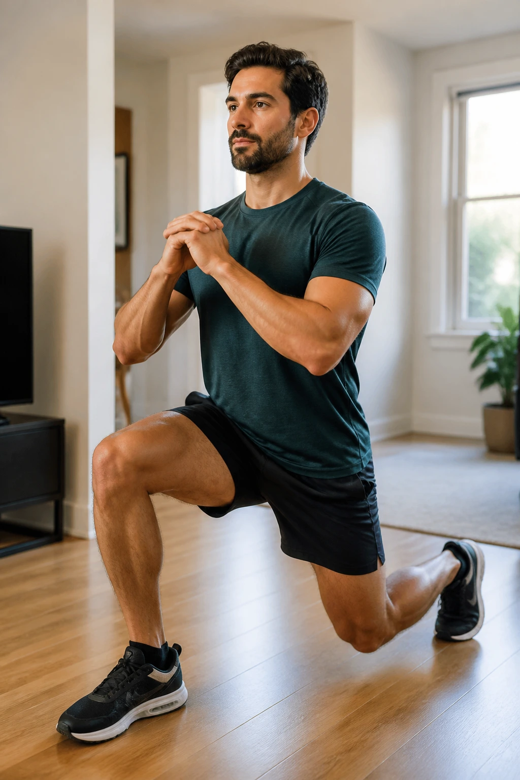 Person performing split squat in a quiet apartment