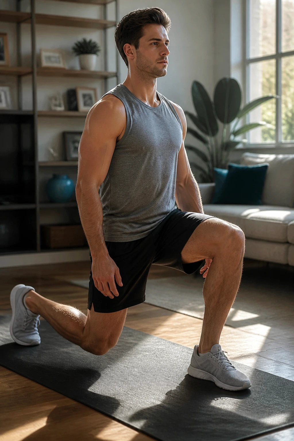 Split squat in home workout space with front knee over ankle