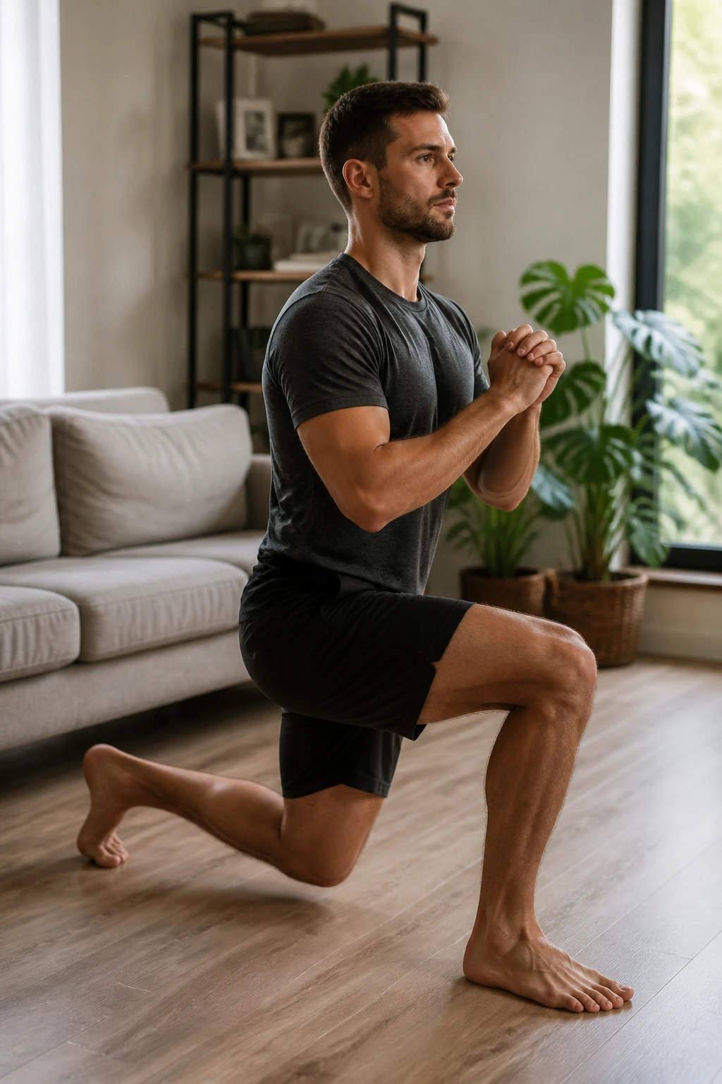 Person performing split squat in a home setting with forward leg bent and back leg extended