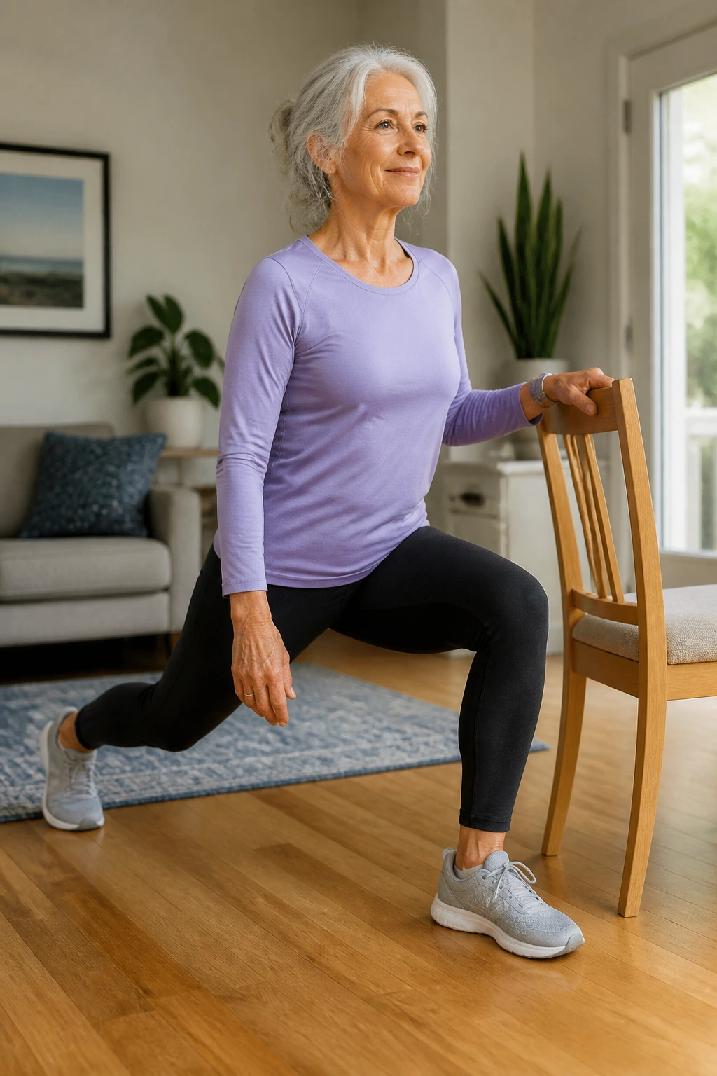 Person performing a supported split squat with hand on chair