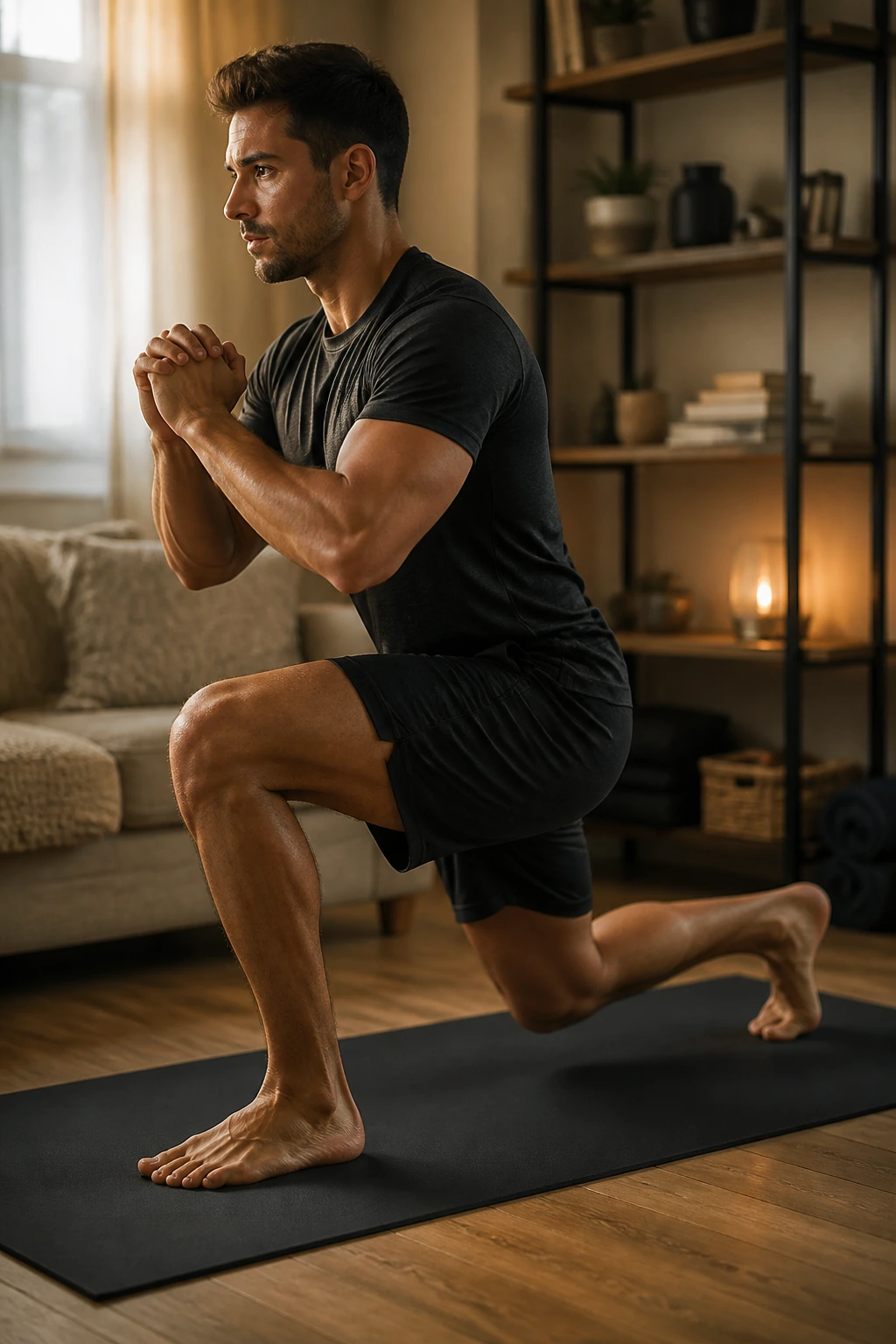 Side view of a person performing a slow-tempo split squat in a home gym