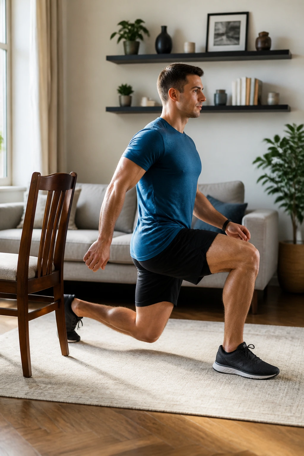 Person performing split squats in a home living room
