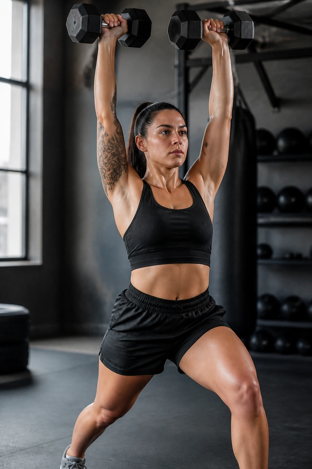 Athlete in split stance performing dumbbell press in a gym setting.