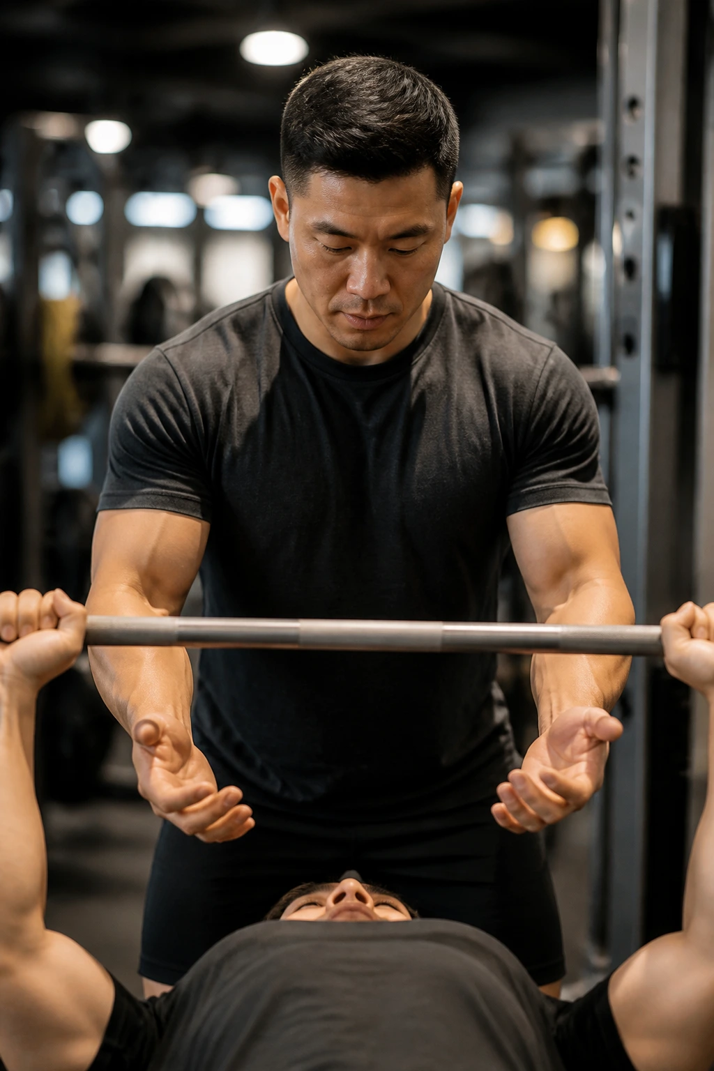 Portrait of a gym spotter ready to assist during bench press