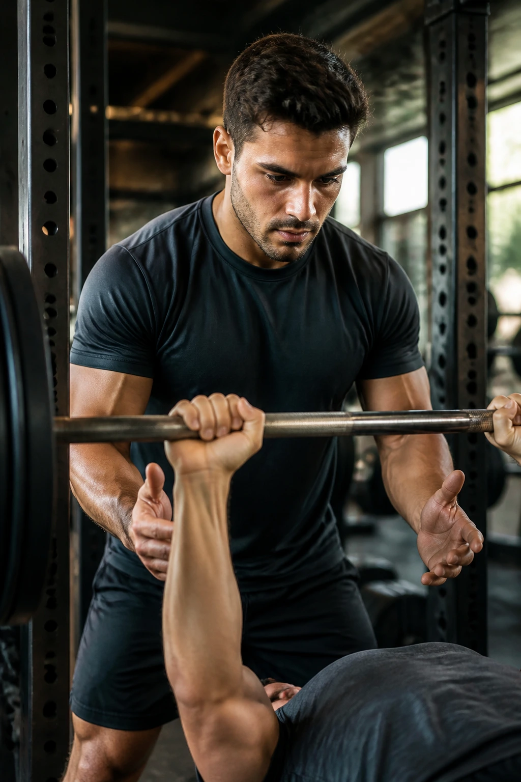 Close-up of a gym spotter ready to assist during a lift