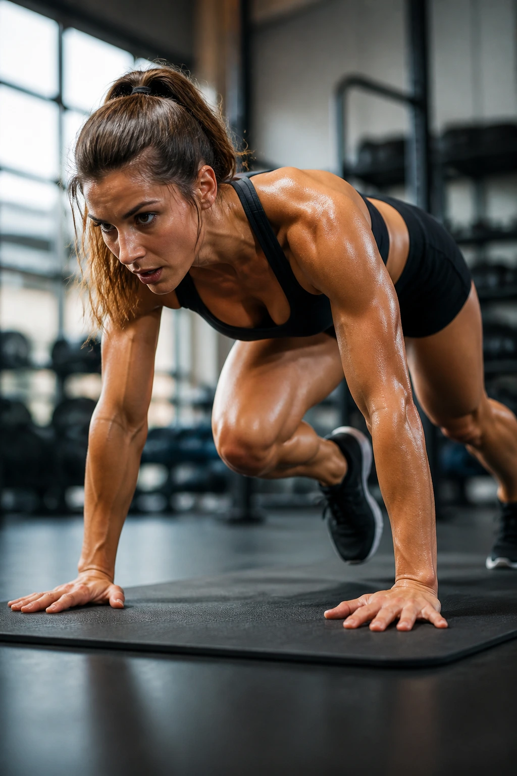 Close-up of a real person performing sprint climbers with rapid knee drive