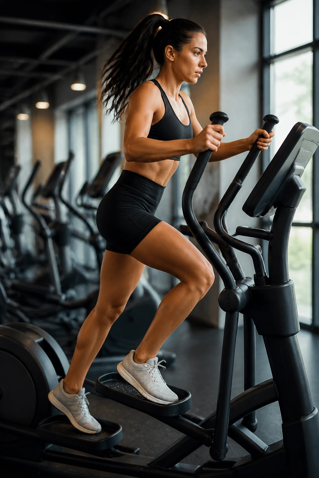 Side-profile of a person on an elliptical performing sprint intervals in a gym