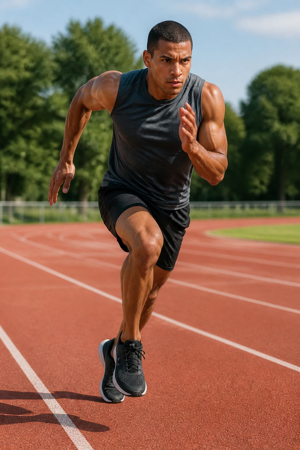 Runner performing sprint intervals on track outdoors.