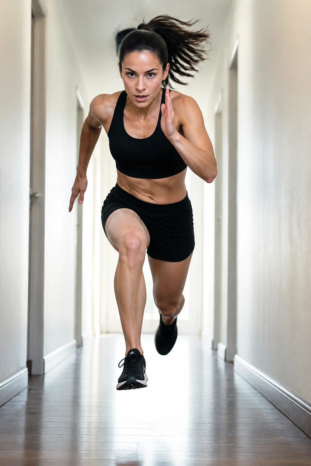 Person sprinting in a hallway with strong arm drive.