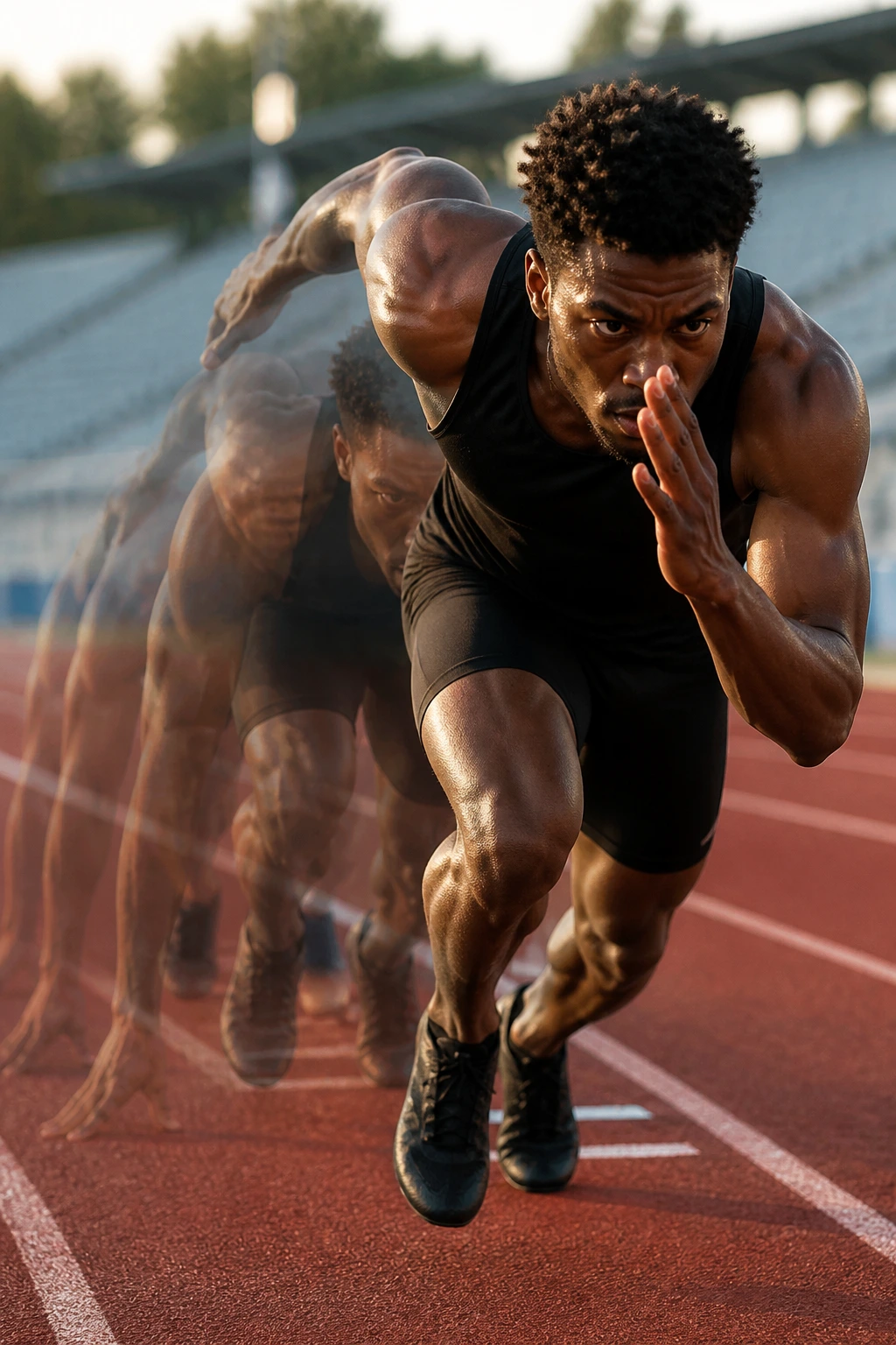 Close-up sprinter starting on outdoor track with ghosted running positions behind to show shrinking recovery
