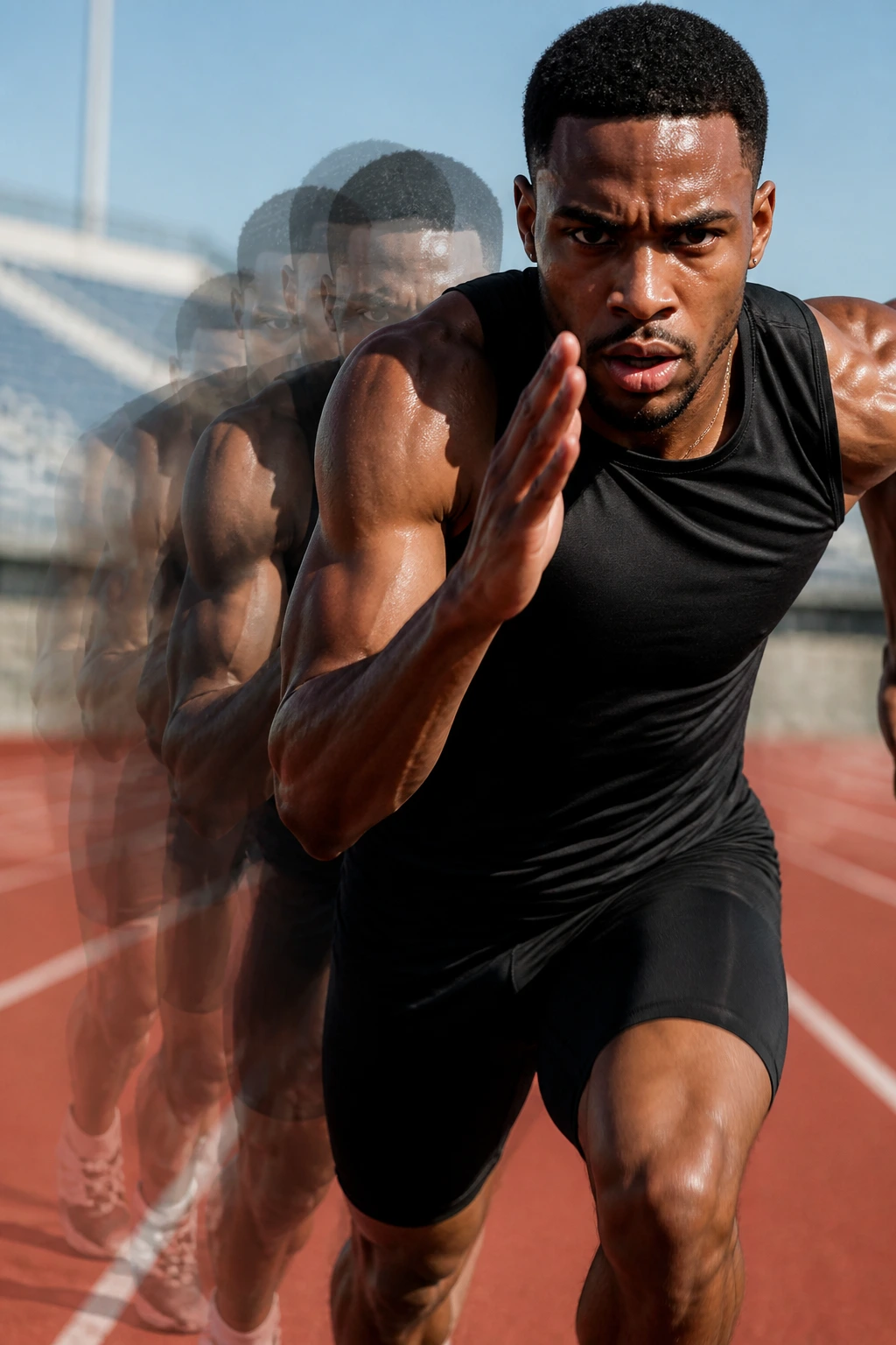 Sprinter on track with ghosted repeats behind to illustrate race-specific sharpening rhythm