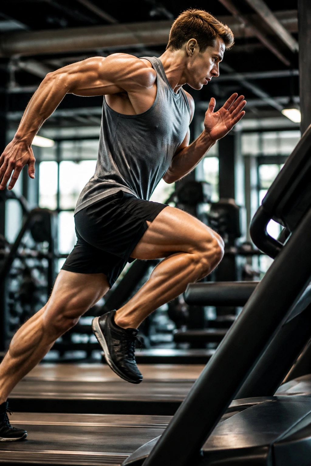 Close-up of a runner's legs sprinting on a treadmill in a gym