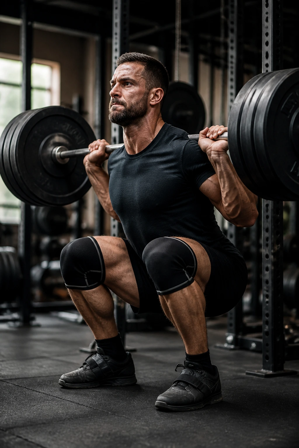 Medium-close shot of a man squatting heavy barbell