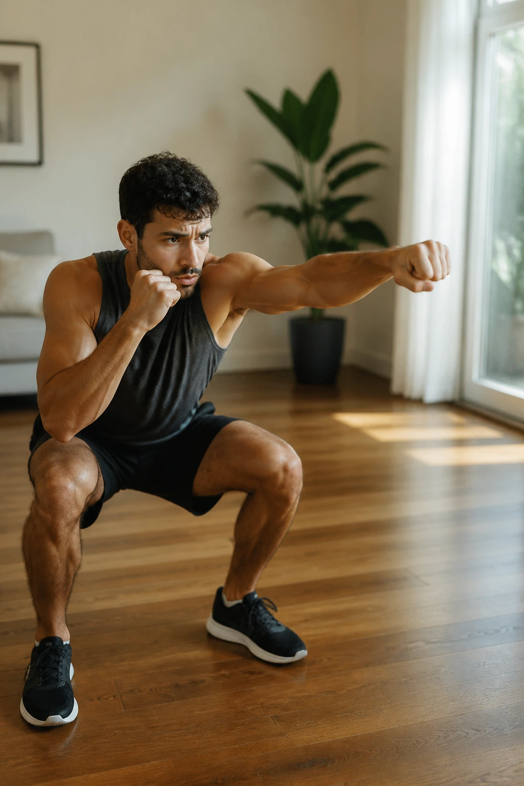 Athlete performing squat-to-jab sequence in living room