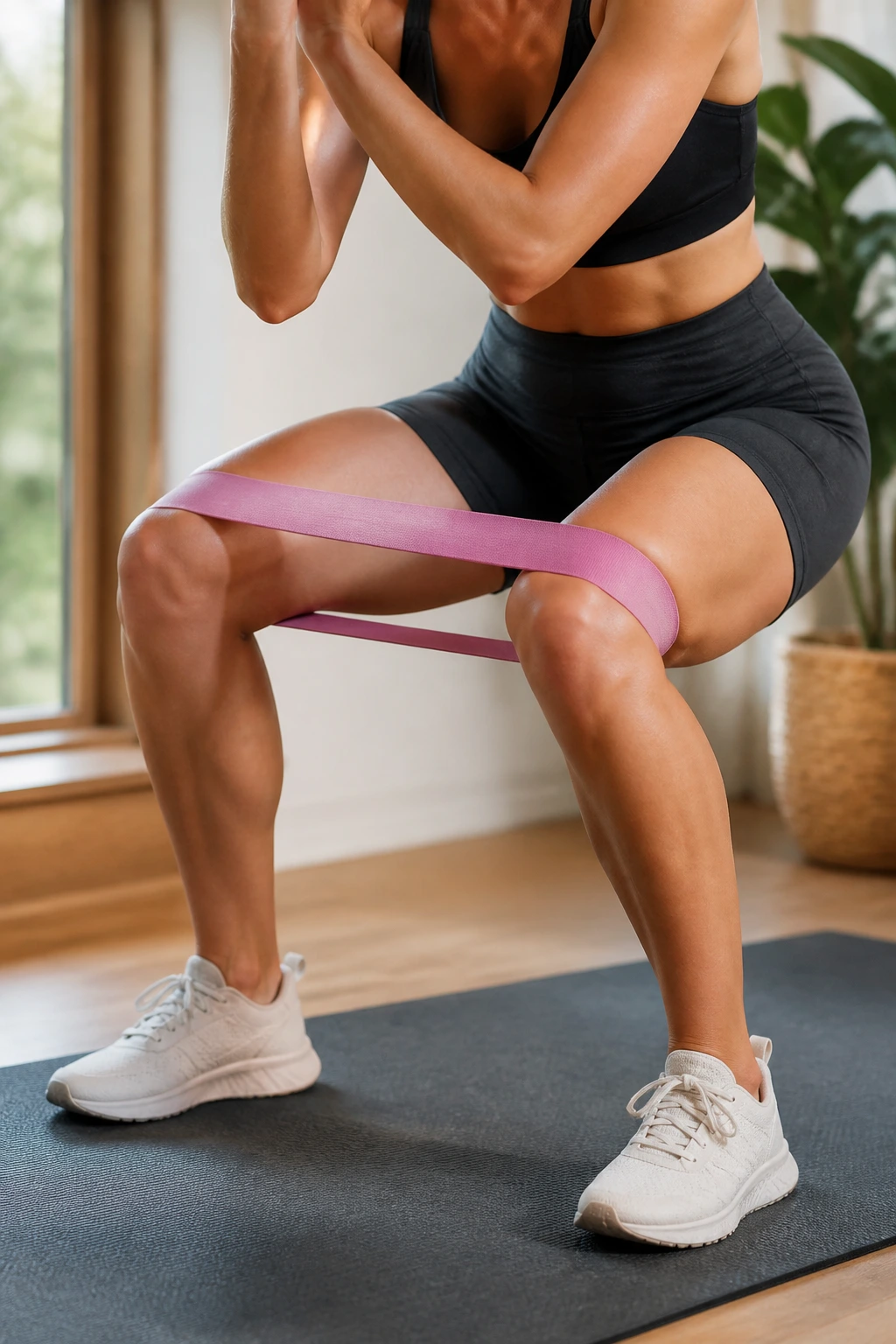 Close-up of a person performing squat pulses with a mini band above the knees