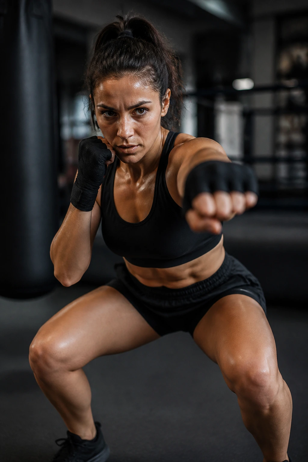Female boxer performing squat with punch in a gym.