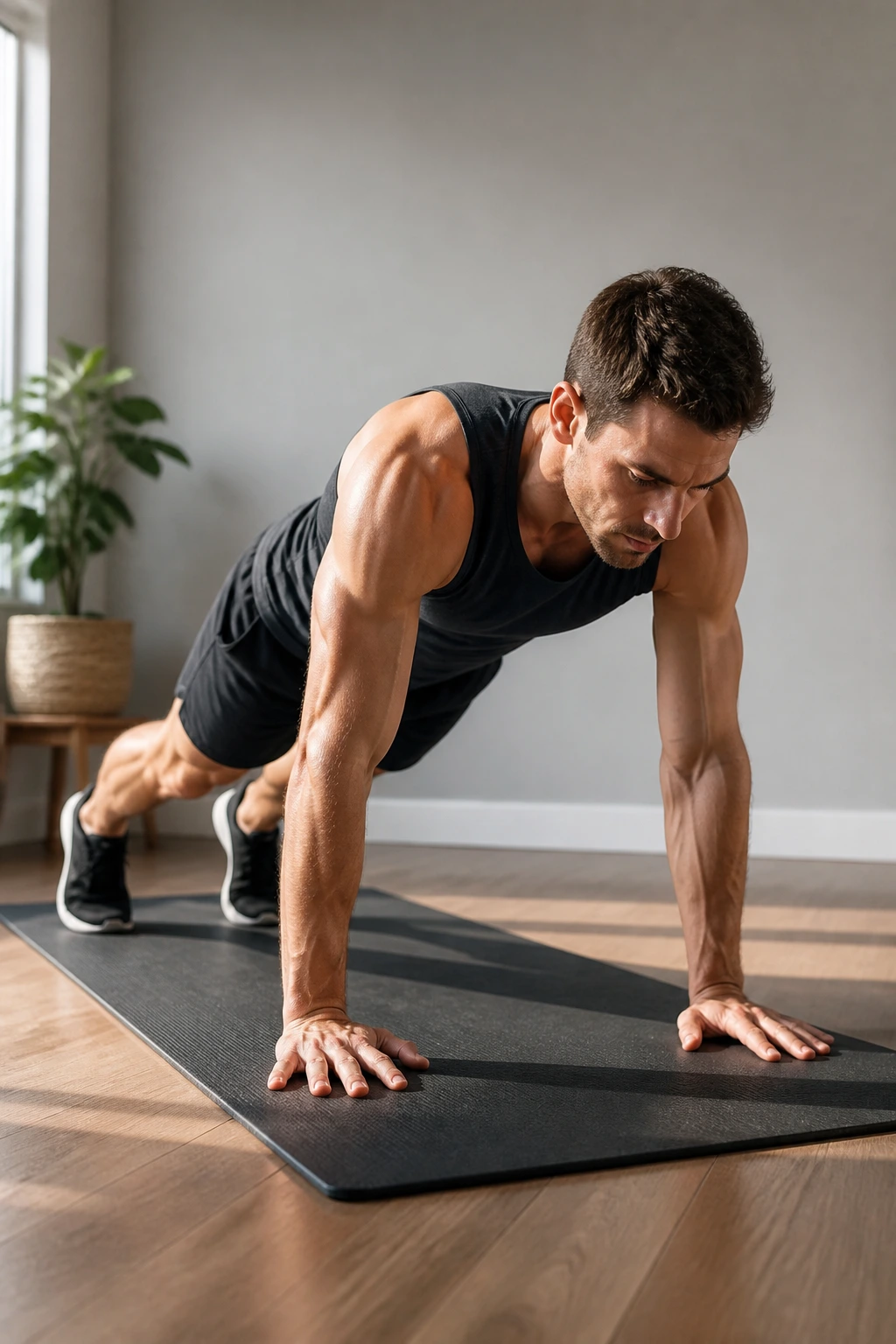 Close-up of a person doing squat thrusts on a yoga mat in a sunlit home workout space