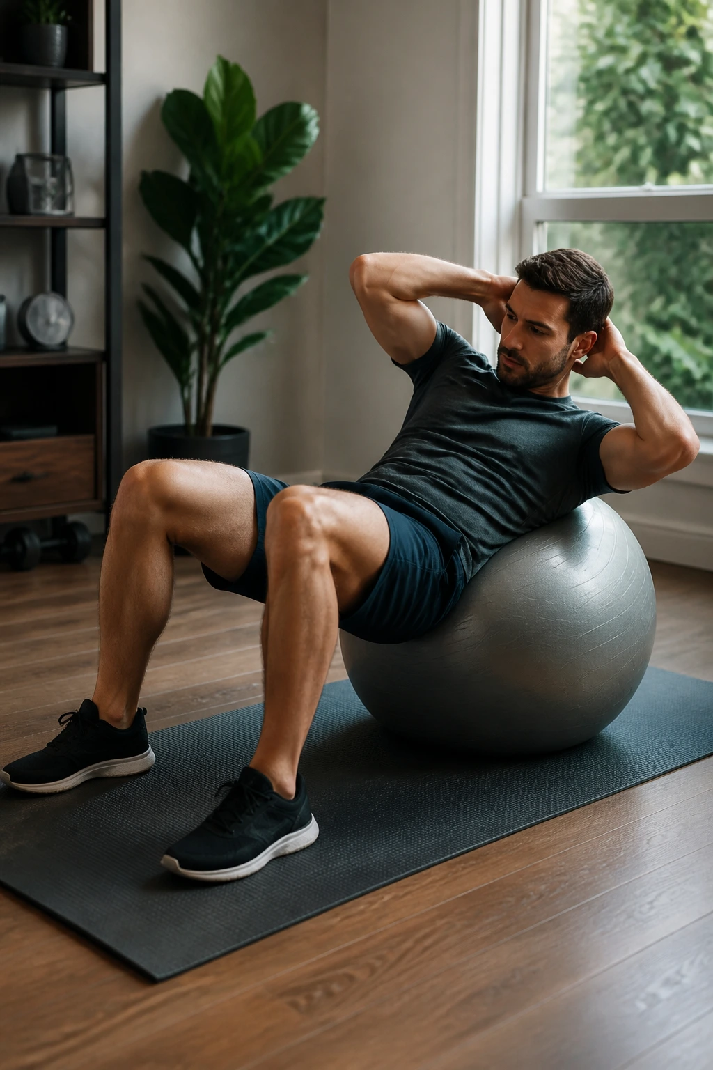 Mid-torso view of a person using a stability ball for a deeper-stretch bicycle crunch