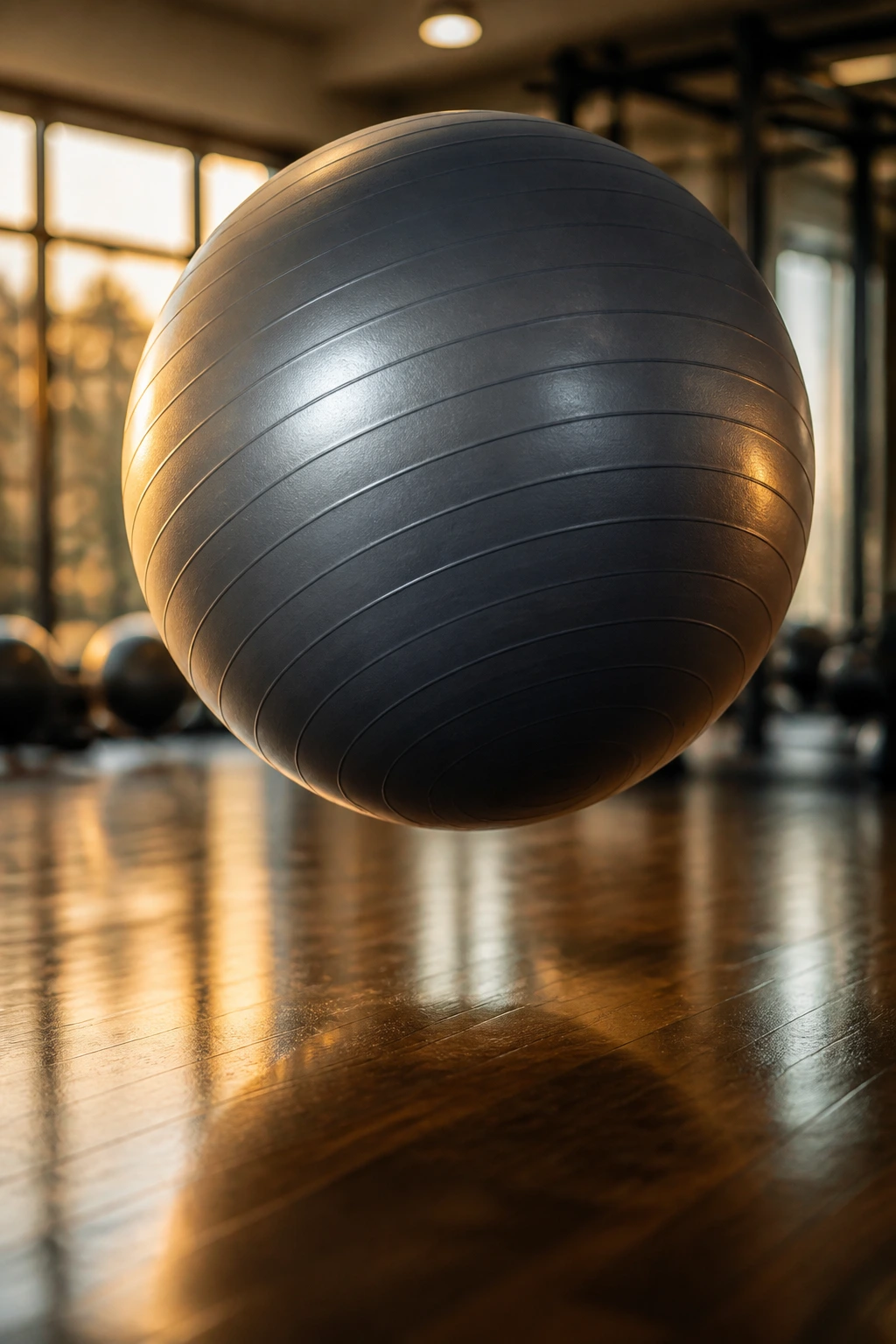 Stability ball captured mid-bounce on gym floor