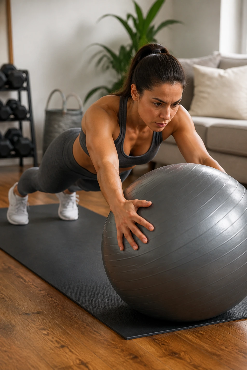 Medium-close image of a person using a stability ball for a core rollout in a home gym.
