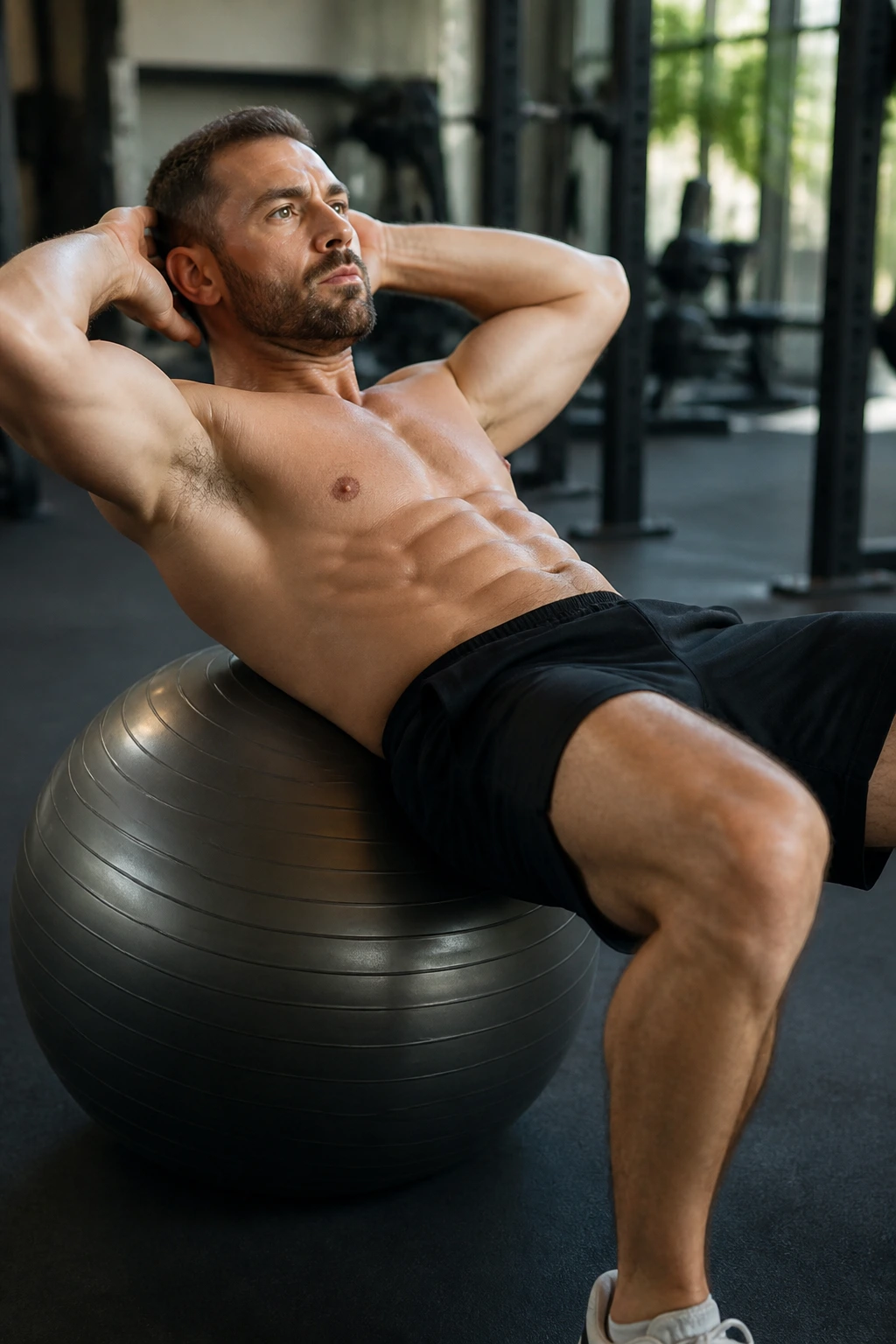 Close-up of a person on a stability ball performing an upper abs crunch