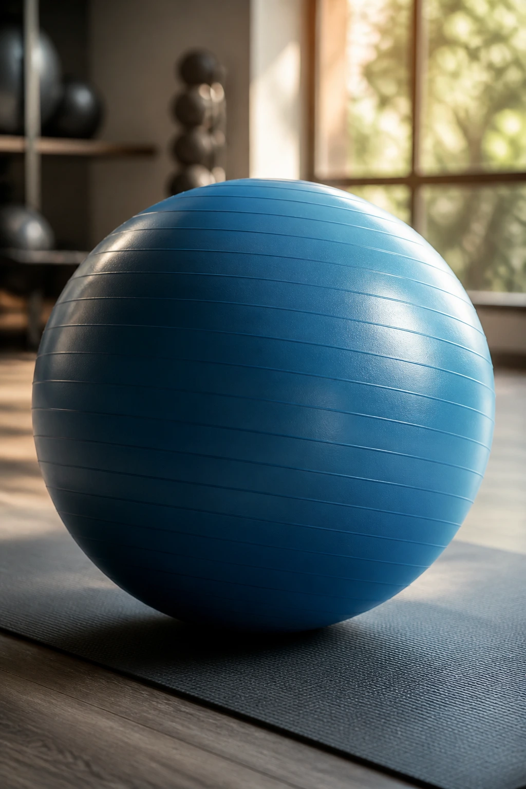 Blue stability ball dominating the frame on a gym mat