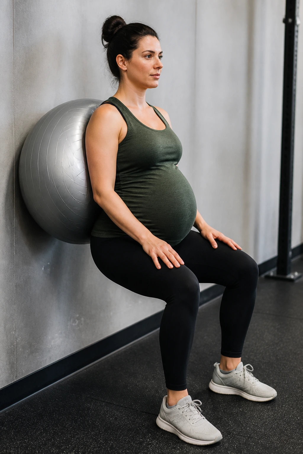 Close-up of a real person doing stability ball wall squats in a gym