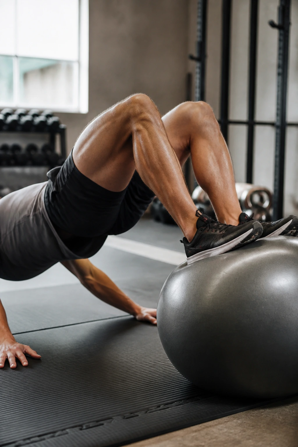 Close up of a person performing stability ball hamstring curls with hips lifted and heels on a stability ball
