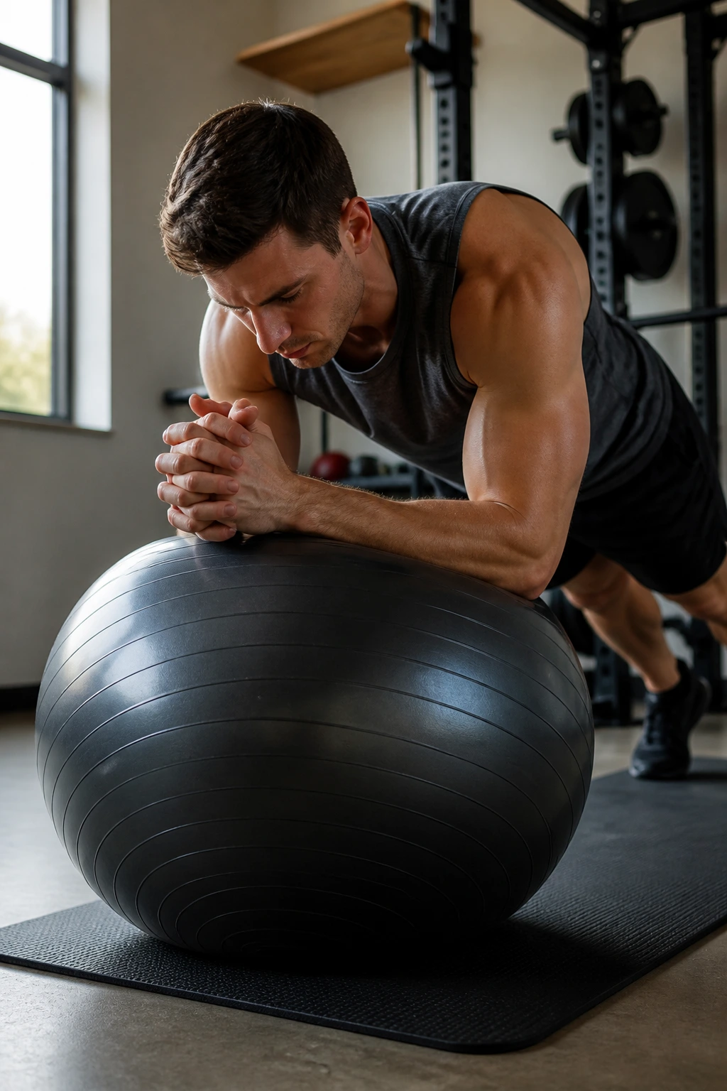 Torso-level shot of Stability Ball Plank with forearms on a stability ball