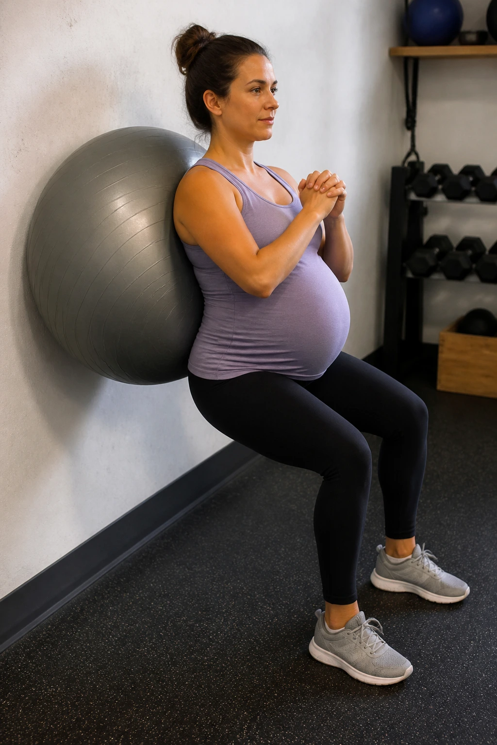 Pregnant woman using stability ball for wall squat