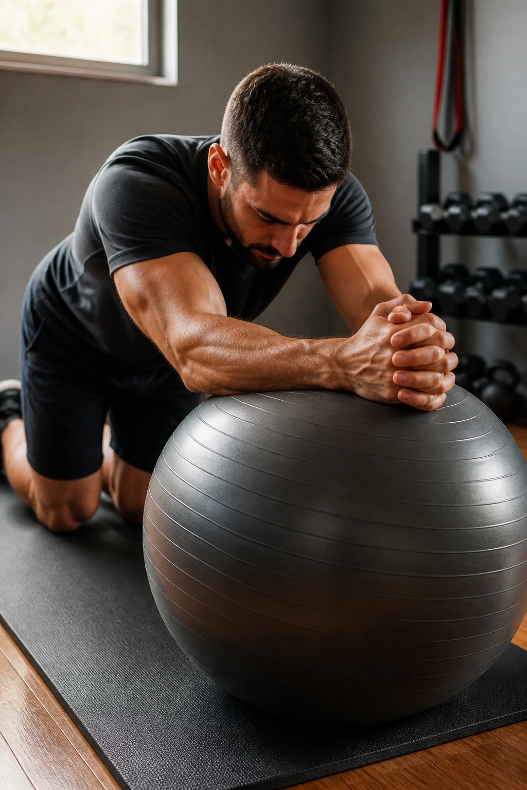 Close-up of forearms on stability ball during a controlled rollout