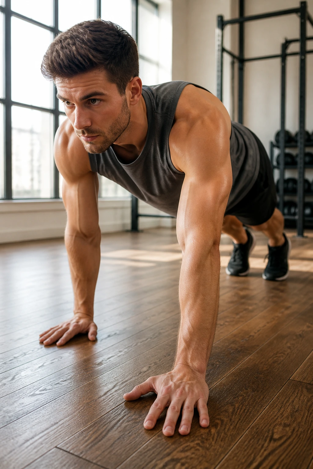High plank with staggered-hand position showing offset loading on core and shoulders.