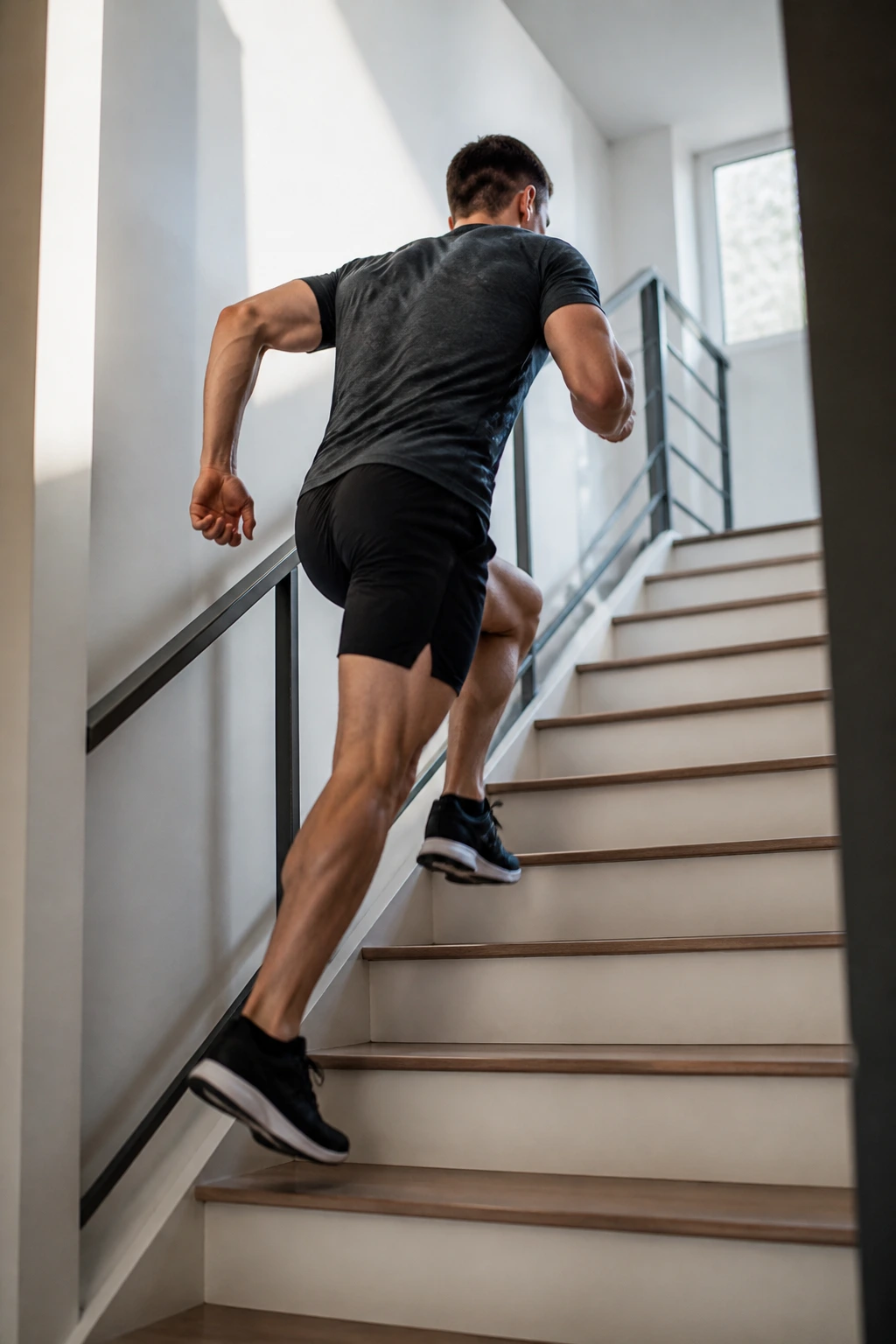 Person sprinting up stairs during interval training in a bright hallway.