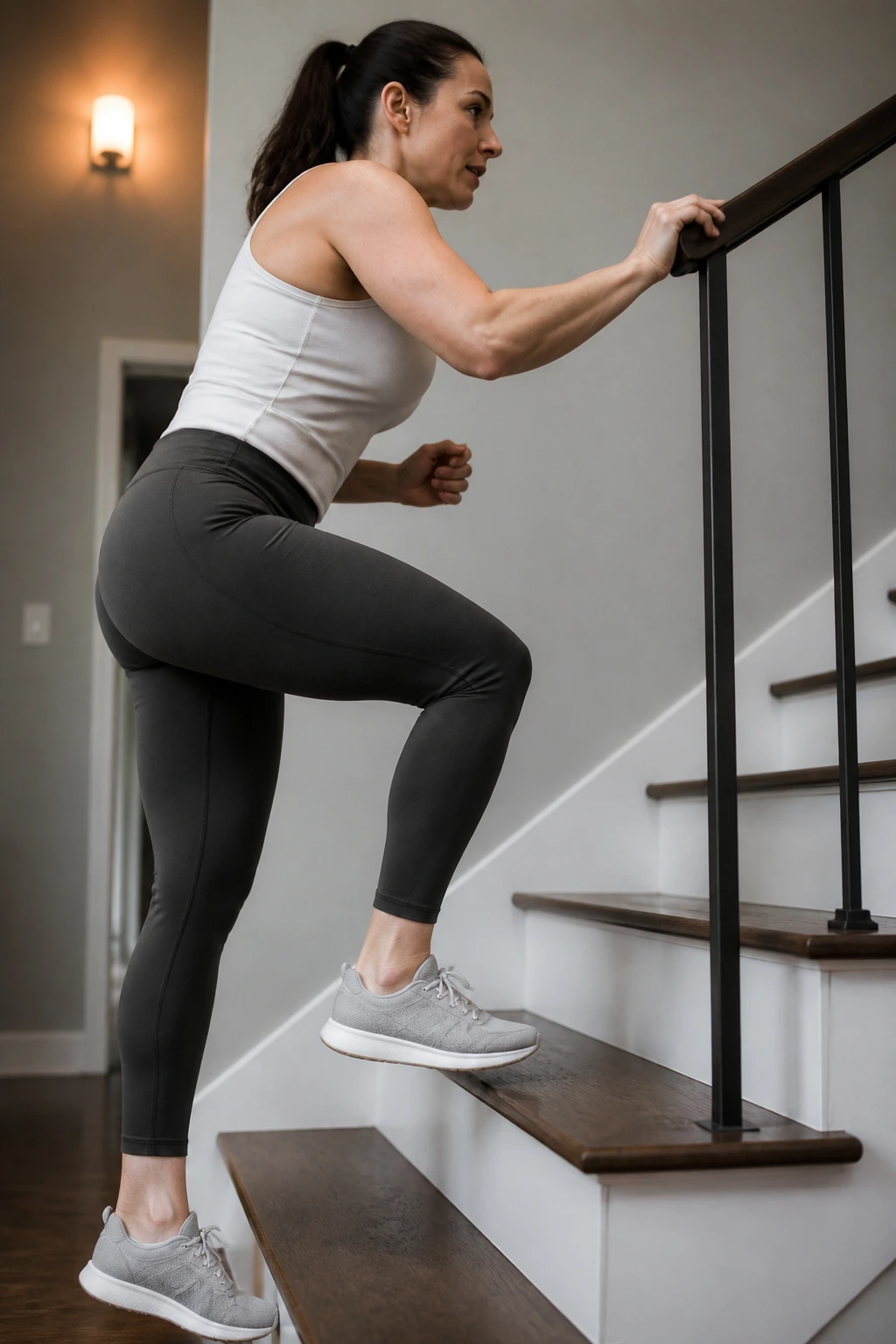 Side view close-up of a real woman performing Stair Climb Bursts on stairs at home