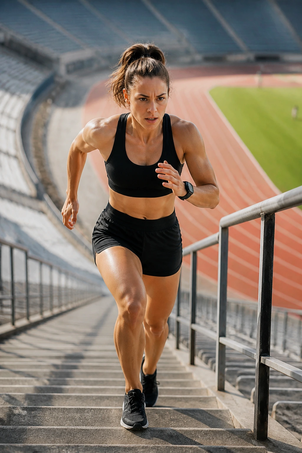 Athlete climbing stairs during interval workout in stadium