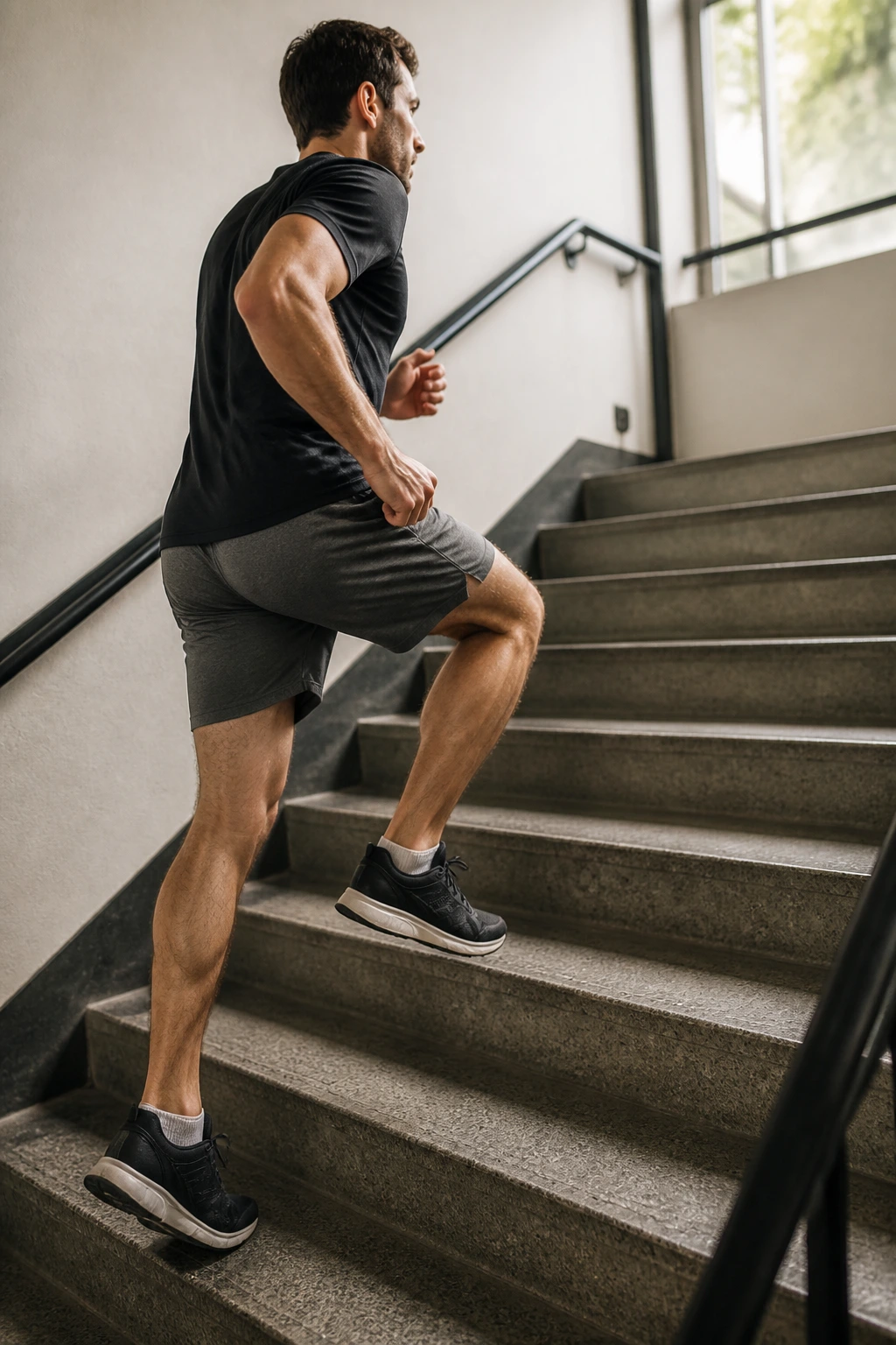 Person climbing stairs in an indoor setting