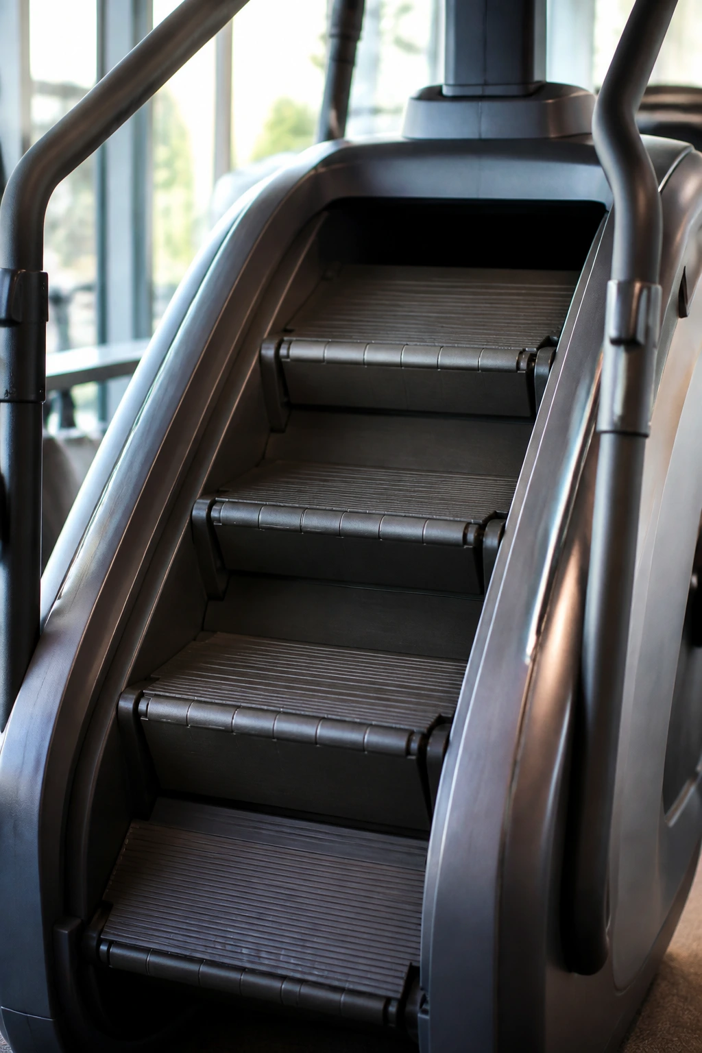 Close-up of stair climber pedals in a bright gym