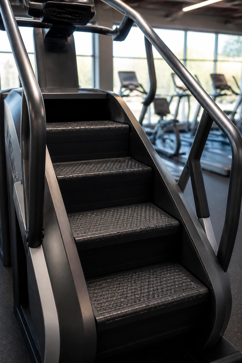 Close-up of a stair climber in a gym with background equipment blurred