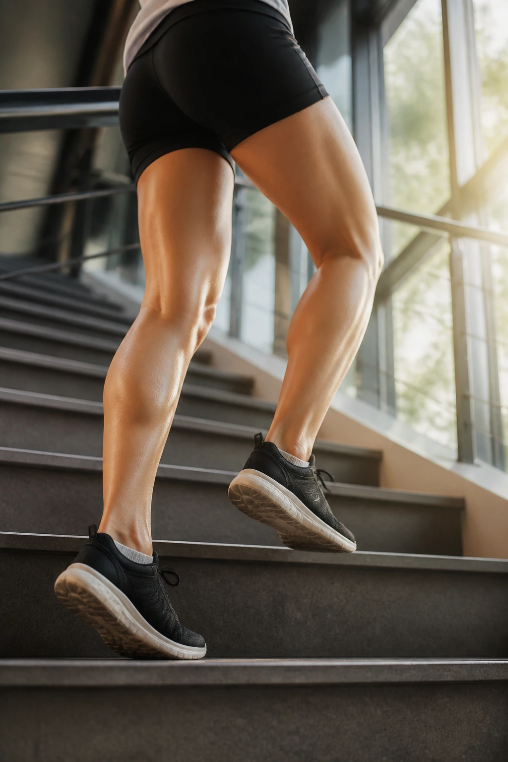 Close-up of a fit person's legs climbing stairs in a stairwell