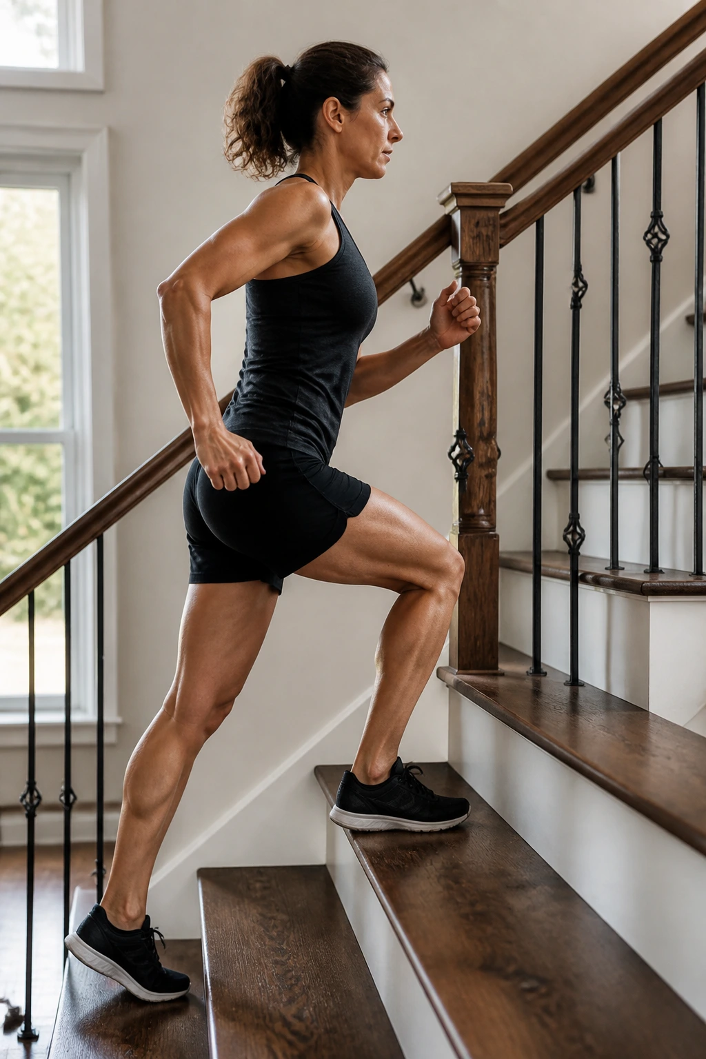Person climbing stairs in a home setting